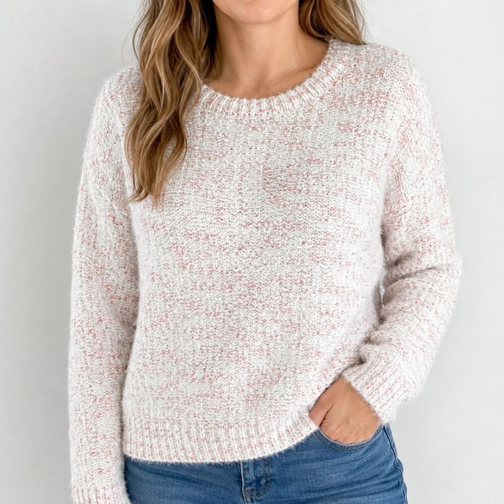 Olivia Sky Fuzzy Eyelash Knit Speckled Sweater Women's Med Pink White Crew Neck